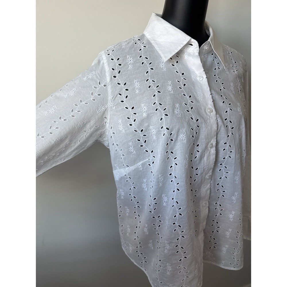 Talbots Woman Petites 16W White Embroidered Eyelet Button Down Blouse Plus - Picture 5 of 16